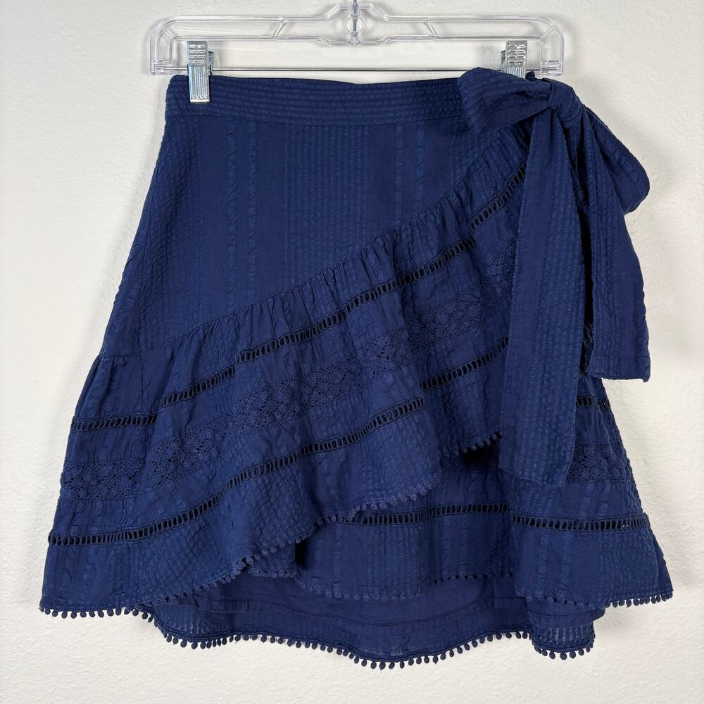Roller Rabbit Navy Blue Preppy Coastal Boho Lace Trim Mini Mary Wrap Skirt - Picture 7 of 8